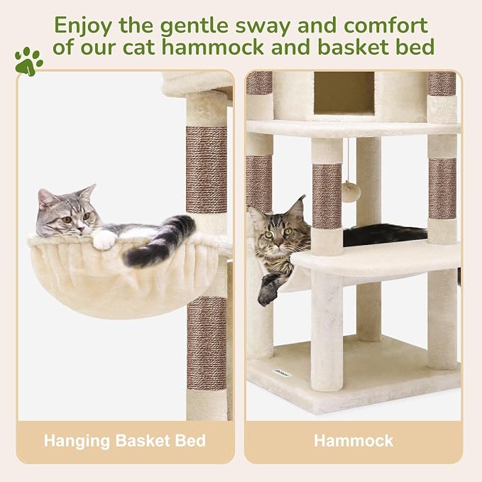Globlazer Corner Stable Cat Tree Tower with Scratching Post, C51, Beige | 51in Space-Saving Multi-Level Cat Condo for Indoor Cats with Hammock, Large Top Perch for Large Cats, Cozy Cat Cave - Image 5