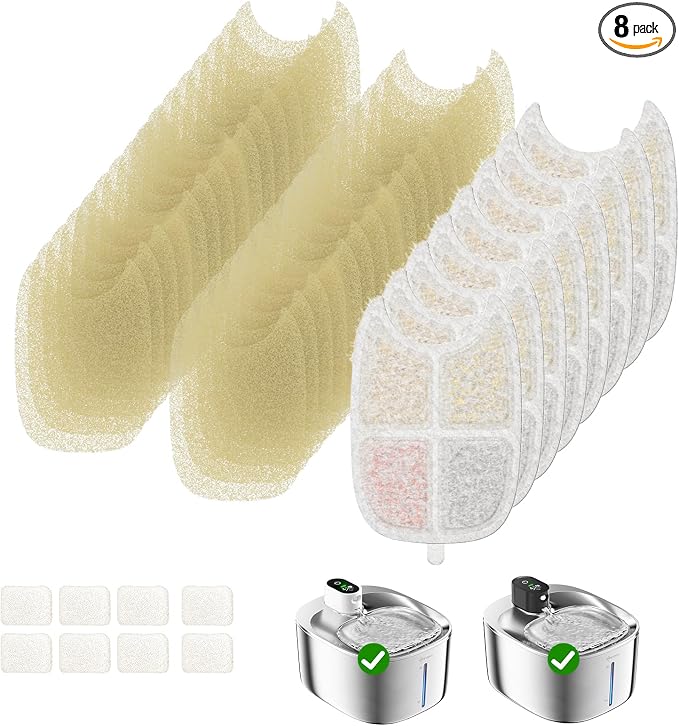 Wireless Cat Water Fountain Filter, 8 Pack Filters with 32 Pre-Filter Sponge for Cat Fountain Stainless Steel 135 fl oz, 6 Layer Replacement Filters for Pet Fountain Battery Operated by APDAPETDOLA