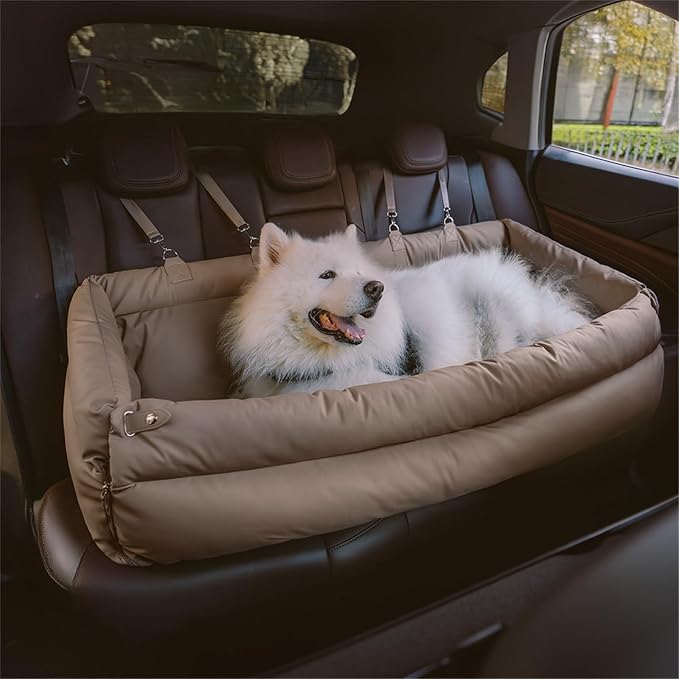 FUNNY FUZZY Leather Dog Car Seat for Large Size Dogs, Pet Booster Car Seats | Waterproof Car Seat with Safety Clip-On Leash, Soft Fabric Car Dog Bed Filling Memory Cotton, Washable Travel Pet Bed(Khaki) - Image 8