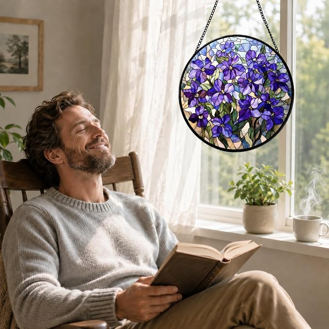 Stained Glass Window Hanging Lilac Stained Glass Style Suncatcher Round Purple Flower Window Hanging Decorative Panel Sun Catcher for Home Window Garden Gift - Image 2