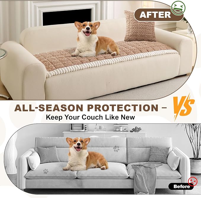 OTOB Couch Cover for Dogs Washable Pet Friendly, Non Slip Plush Fuzzy Love Seat Couch Covers Sofa Slipcovers, Geometric Jacquard Soft Pet Cushion Mat Protector All Seasons, (Camel, 27.6" x 59.1") - Image 2