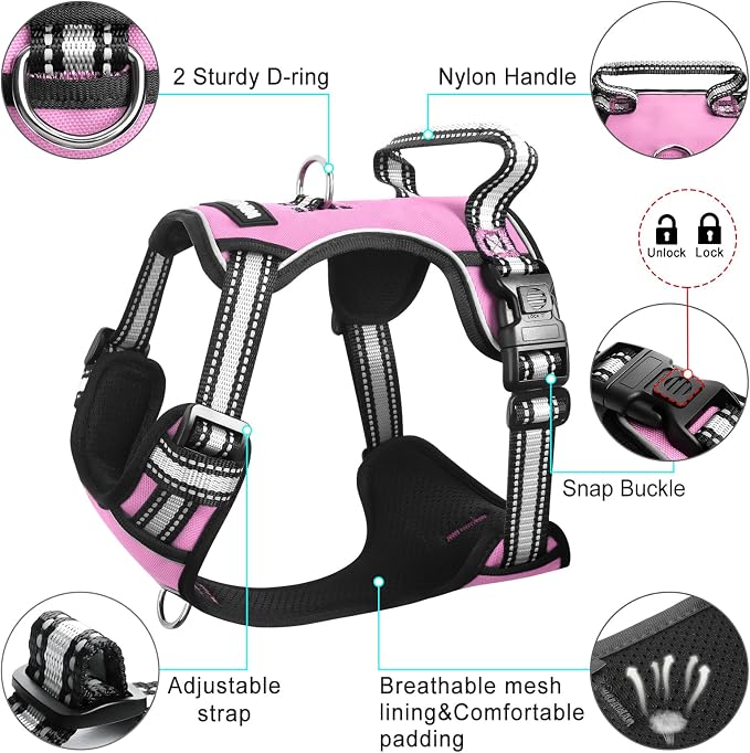 Dog Harness No Pull, Pet Harnesses with Dog Collar, Adjustable Reflective Oxford Outdoor Vest, Front/Back Leash Clips for Small, Medium, Large, Extra Large Dogs, Easy Control Handle for Walking - Image 4