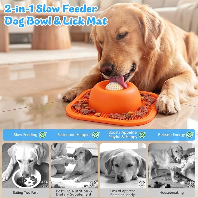 Slow Feeder Dog Bowls & Lick Mat for Liquid and Thick Treat, Anti-Slip Dog Lick Bowl with Interactive Rolling Ball, 5/6 Cup Pup Licking Toy for Large Medium Small Dogs and Cats-Large Orange - Image 2