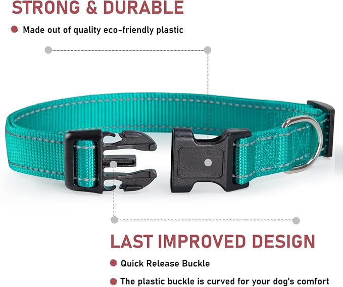 Reflective Dog Collar, Puppy Collar with Buckle Adjustable, Green XL | Breathable Nylon Collars for Small Medium Large Dogs, No Chafing on Walks and Outdoor Hikes, Metal D-Ring, Night Safety - Image 2