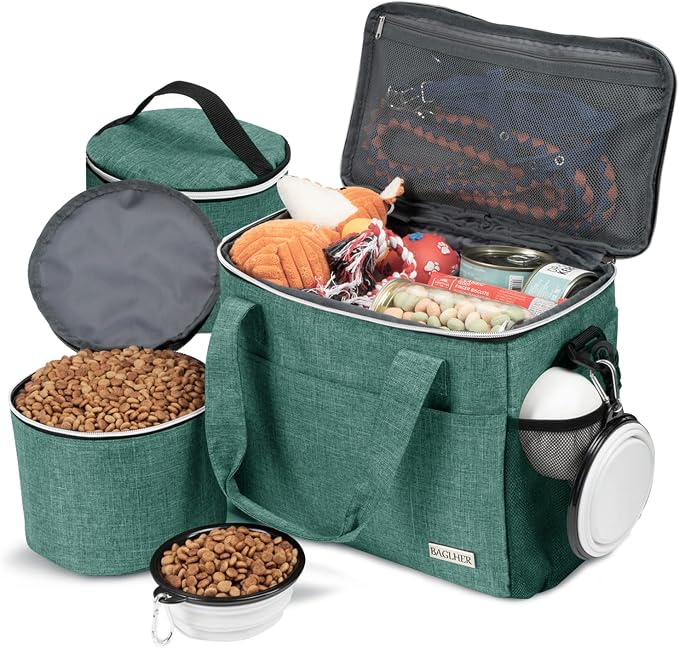 BAGLHER Dog Travel Bag Backpack Pet Supplies Backpack Pet Accessories Storage Bag 5-Piece Set With Shoulder Strap 2 Lined Pet Food Containers 2 Foldable Feeding Bowls Essential Kit for Pet travel by BAGLHER