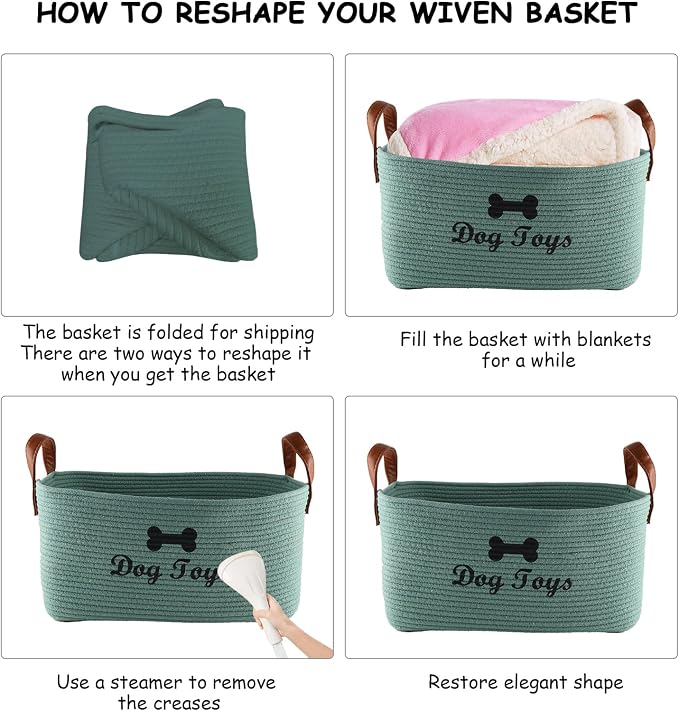 Geyecete X-Large Cotton Rope Dog Basket with Leather handle Blanket Storage Basket Decorative Clothes Hamper Basket | Extra Large Baskets for Blankets or Laundry-Geen - Image 6