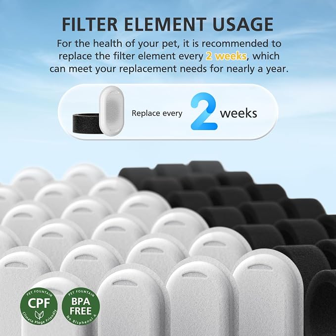 50 Pack Cat Water Fountain Filters for Stainless Steel Pet Water Dispenser | 108/3.2L& 67oz/2L& 4L/135oz Cat/Dog Fountain Filter Replacement(25 Filters & 25 Sponges) - Image 6
