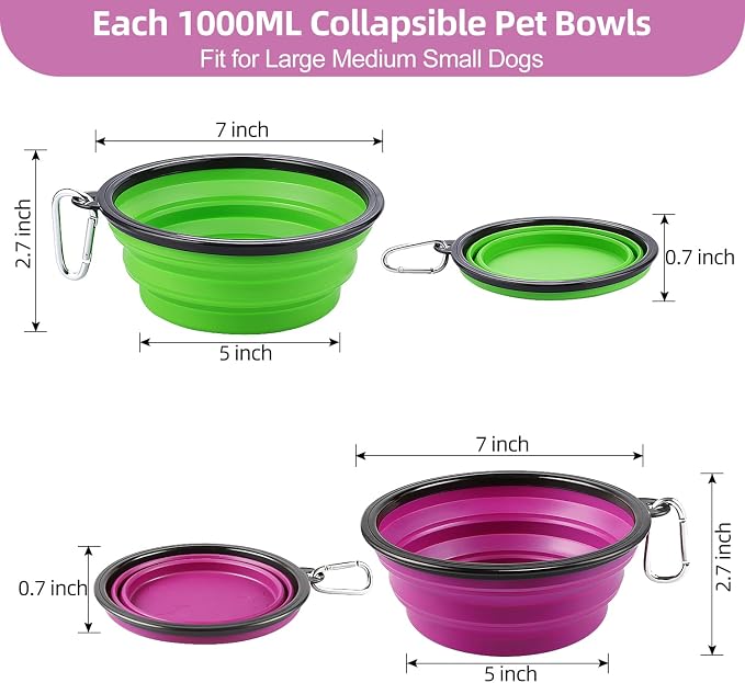 Kytely Large Collapsible Dog Bowls 2 Pack, 34oz Foldable Dog Travel Bowl, Portable Pet Water Food Bowl with Clasp, Pet Cat Feeding Cup Dish for Traveling, Walking, Hiking (Green+Purple) | Portable Dog Water Food Bowl with Clasp, Pet Cat Feeding Cup Dis... - Image 2