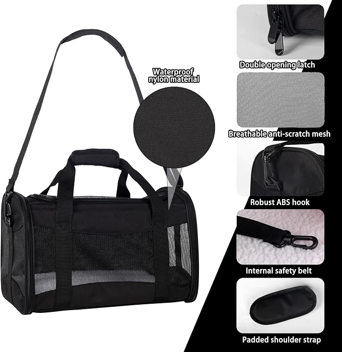 Cat Carrying Case - Pet Carrier Airline Approved, Protable and Breathable Pet Travel Carrier Removable Fleece Pad, Collapsible Cat Carrier Dog Carrier for Medium Cats Small Cats Dogs(Medium, Black) - Image 4
