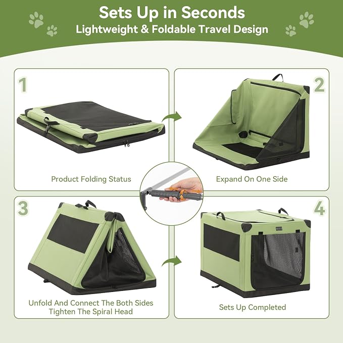 PETSFIT 30" Soft Portable Dog Crate – Patented Spiral Sturdy Frame, Collapsible Travel Kennel for Medium Dogs, 3 Mesh Door, Lockable Zippers, Indoor & Car Use Green - Image 5