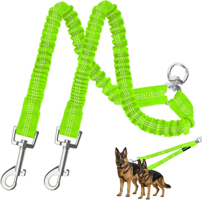 MingXpet 2 Dog Leash, Dog Leash for 2 Dogs, 360° Swivel No Tangle Double Walking Training Leashes for Large Dogs that Pull, Comfortable Shock Absorbing Reflective Bungee, Green by MingXpets