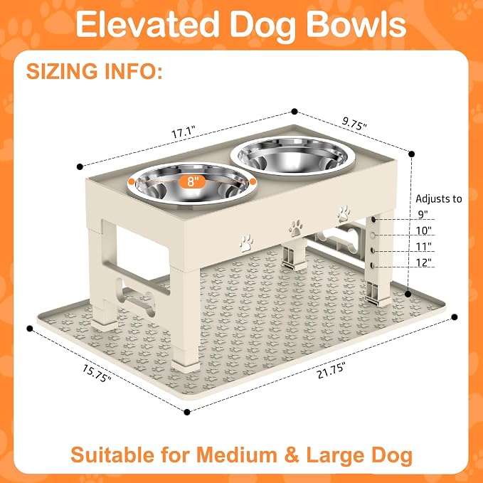 LAKIPETN Elevated Dog Bowls with Mat, Raised Dog Food Bowl Stand with 2 Stainless Steel Bowls, 5 Height Adjustable (3.1", 9", 10", 11", 12") Non-Slip Feeder Set for Medium and Large Dogs – Apricot - Image 5