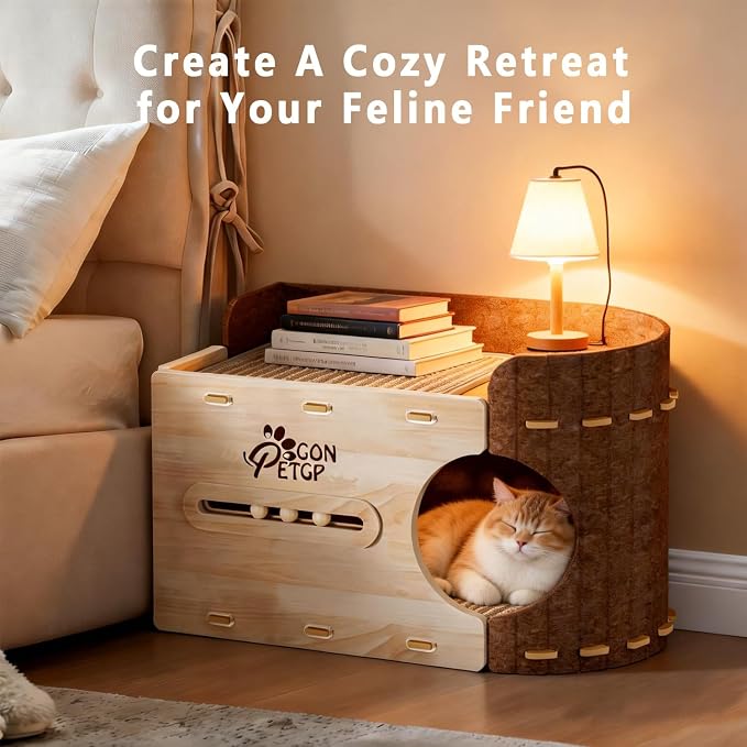 GONPETGP Large Cat Beds for Indoor Cats, Extra Wide Cat House Cave with Scratch Pad Wooden Play Ball, Foldable Felt Kittens Hideaway Condo for Multiple Small Pets - Image 5