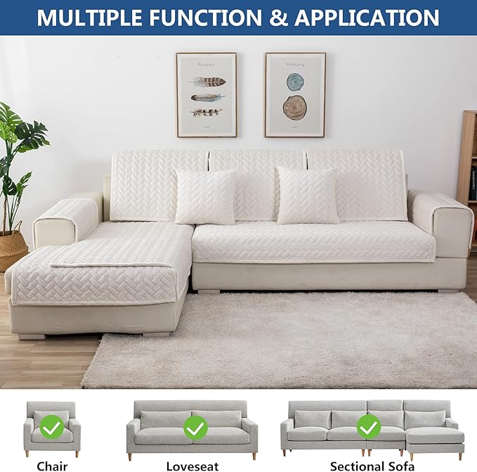 Eismodra Couch Cover,Sectional Couch Covers,Sofa Covers for 3 Cushion Couch,Anti-Slip Sofa Slipcovers for Dogs Cats Kids Loveseat Recliner L Shaped Armrest Backrest,White 36''x47''(Only 1 Piece) - Image 2