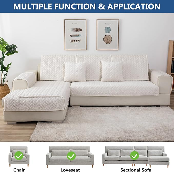 Eismodra Couch Cover,Sectional Couch Covers,Sofa Covers for 3 Cushion Couch,Anti-Slip Sofa Slipcovers for Dogs Cats Kids Loveseat Recliner L Shaped Armrest Backrest,White 36''x82''(Only 1 Piece) - Image 2