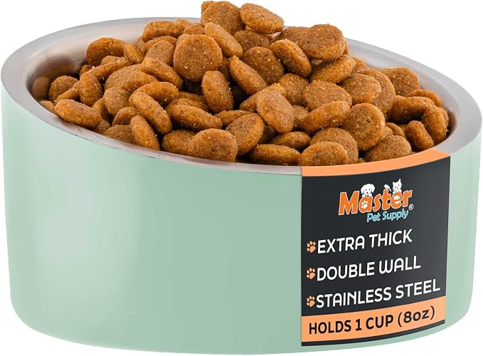 Master Pet Supply Stainless Steel Slanted Dog Cat Food Bowl 8 oz Pistachio | Heavy Duty Double Wall Insulated, Non-Slip Elevated Bowl for French Bulldogs, Pugs, Cats, Anti Rust, Dishwasher Safe by MasterPetSupply