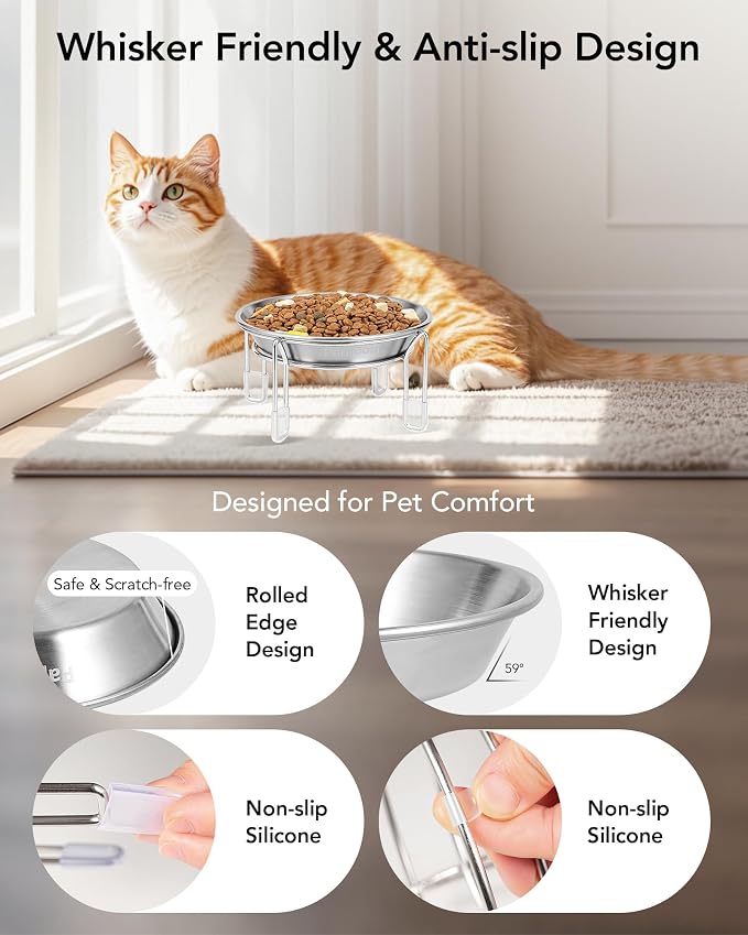 Elevated cat Bowl 2PC, 6.3" Wide Raised Cat Bowl | Stainless Steel Cat Food and Water Dishes, Small Dog Bowl, Whisker Friendly, Anti-Vomiting, Neck Stress-Free Bowl Stands - Image 3