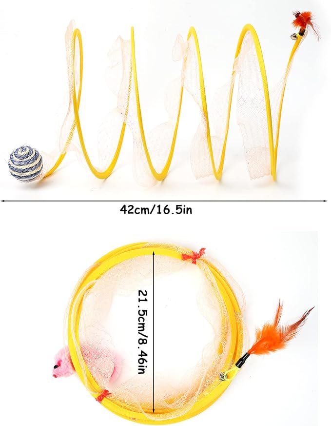 2-Pack Large Cat Tunnel Beds - Indoor & Outdoor,Kitten Collapsible Spring Tunnel Toy with Feather and Bell,Interactive Spring Toys for Cats & Kittens（Yellow） - Image 4