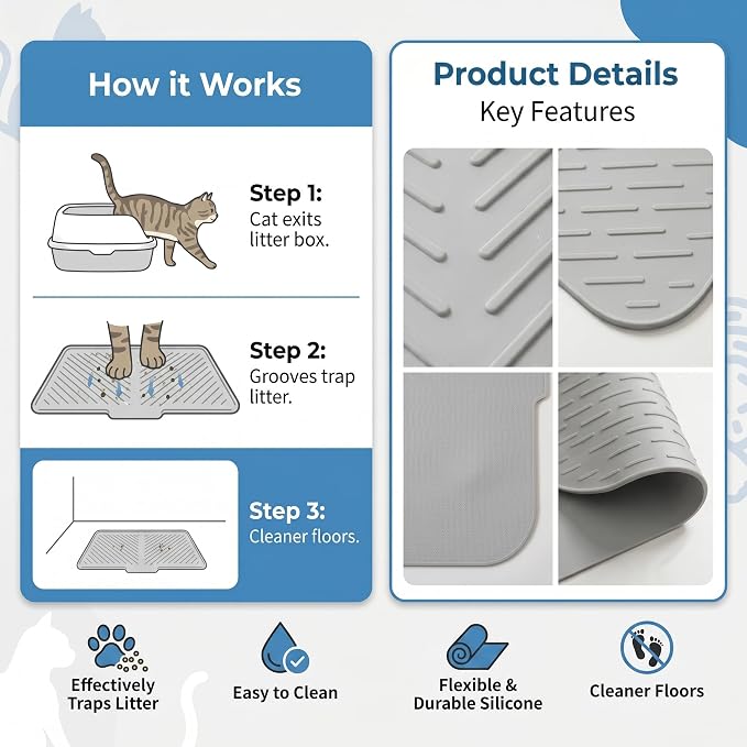 Extra Large Cat Litter Mat 35.5x26.7in Waterproof Silicone Litter Box Mat | Large coverage catches scattered litter, keeps floors clean, soft paw-friendly surface and quick cleanup for daily use - Image 6