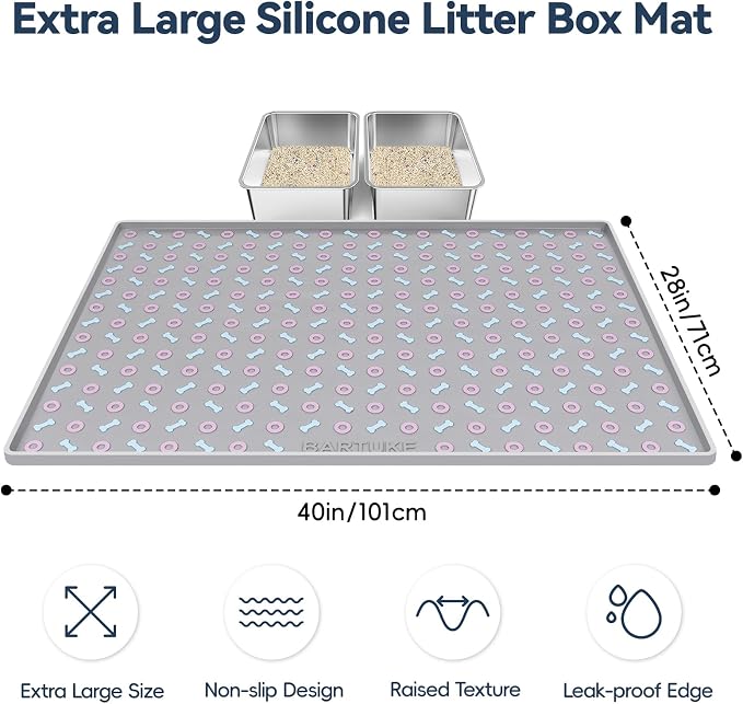 Silicone Cat Litter Mat 40" x 28" Cat Mat for Litter Box, Light Grey | Extra Large Litter Box Mat, Waterproof Cat Litter Trapping Mat, Non-slip, Leakproof Kitty Litter Mat with Bone Pattern - Image 2