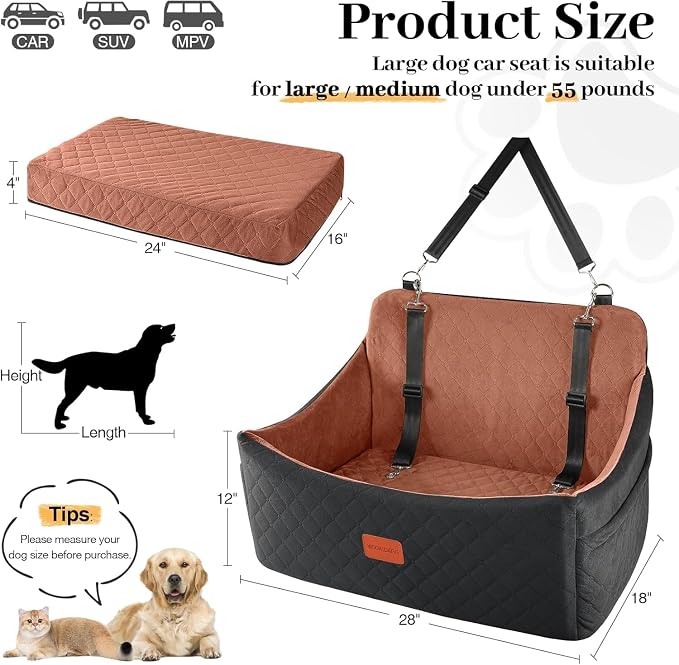 Wooaidagg Dog Car Seat for Medium & Large Dogs Up to 55lbs, Memory Foam Cushion, Washable Cover, Safety Straps & Non-Slip Bottom(Black/Brown,Large) - Image 3