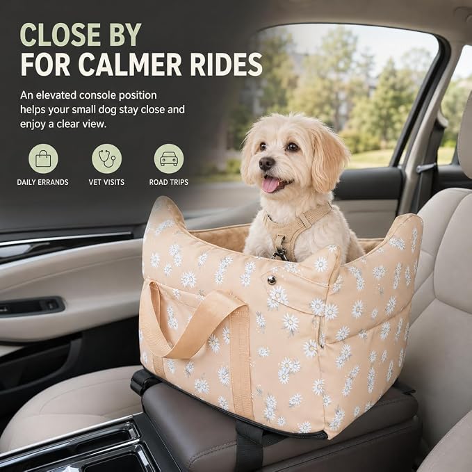 Center Console Dog Car Seat Safe Travel for Small Dogs Under 15 lbs | Detachable Washable Pet Carrier with Storage Pockets & Safety Leash,Apricot - Image 2