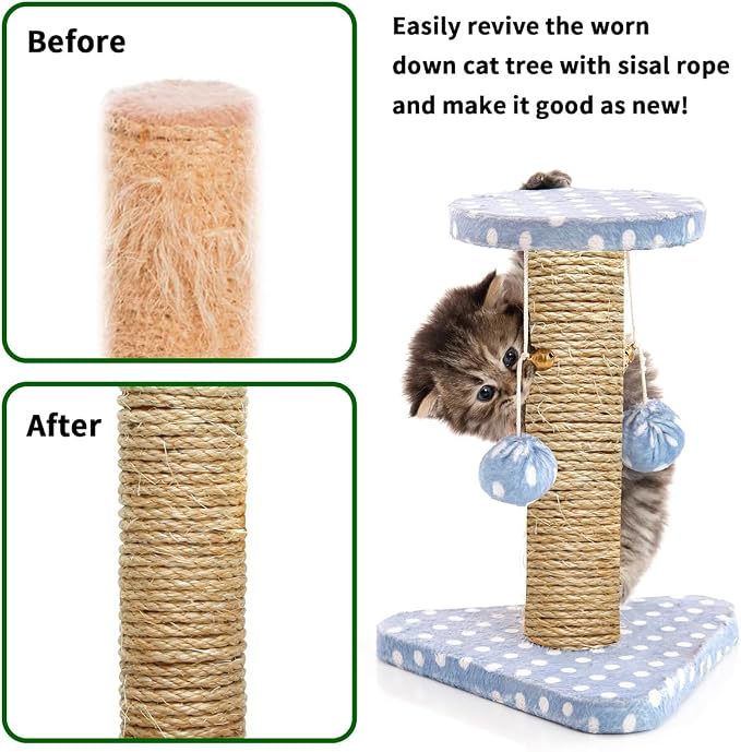 Cat Natural Sisal Rope 1/4 Inch 6mm 98-Feet for Cat Scratching Post Tree Tower Replacement Repair and Replace, DIY Hemp Twine Rope for Cat Scratching Furniture Window Perch and Crafts Gardening - Image 2
