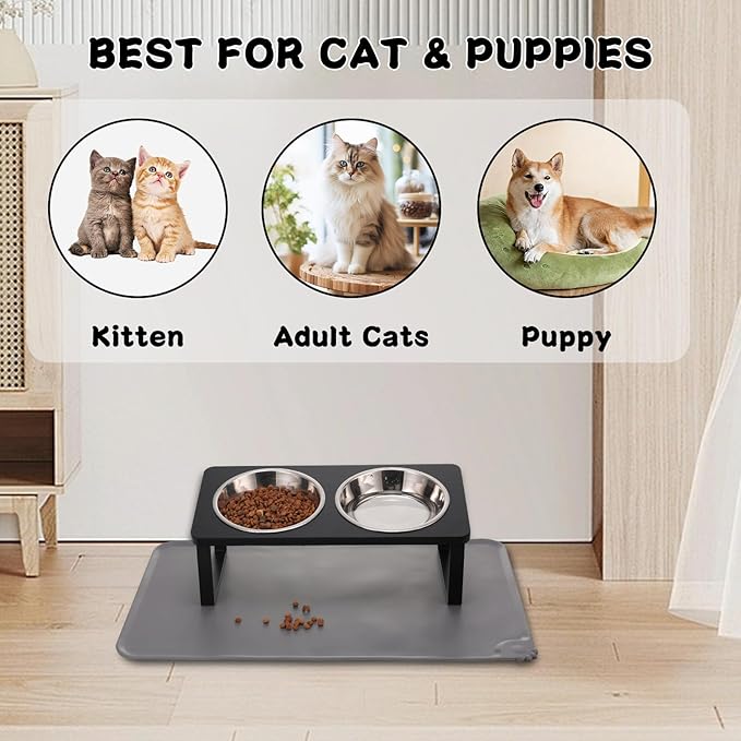 Summark Upgraded Elevated Cat Bowls with Food Mat,15°Tilted Stand Anti Vomiting Raised Cat Dishes for Food and Water,2 Stainless Steel Bowls for Cats and Puppy（Black） - Image 6