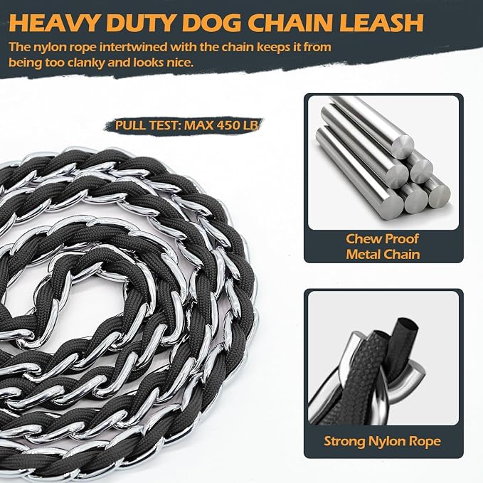 S-ETOVUS-Chain Dog Leash, Bite-Proof Metal Leash, with Padded Handle | Three Sizes 7.25FT/5.2FT/4FT, Woven From Nylon Rope And Chain, Durable And Bite-Resistant, Comfortable With Padded Handles - Image 6