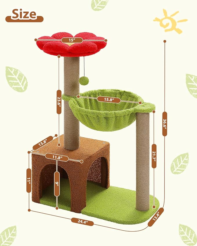 35" Flower Cat Tree for Kittens with Hammock & Sisal Posts, Brown | Flower-shaped top perch, Metal frame hammock, Sisal scratching posts, Cozy pink condo, Sturdy stable base, For small cats - Image 8