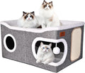 Extra Large Cat Beds for Indoor Cats, Covered Cat Cave Beds & Furniture with Scratch Pad and Fluffy Ball, Foldable Cat Condo Hideaway with Reversible Cushion for Multi Small Pet Large Kittens, Grey by Unknown