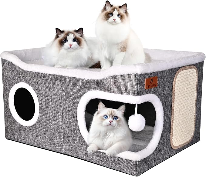 Extra Large Cat Beds for Indoor Cats, Covered Cat Cave Beds & Furniture with Scratch Pad and Fluffy Ball, Foldable Cat Condo Hideaway with Reversible Cushion for Multi Small Pet Large Kittens, Grey by Unknown