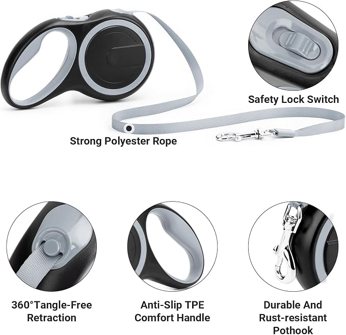 Segarty Retractable Dog Leash, 16ft Heavy Duty Walking Dog Leash for Medium Small Dogs up to 44lb, Anti-Slip Handle 360°Tangle-Free Nylon Tape, One-Handed One Button Lock and Release (Gray) - Image 3