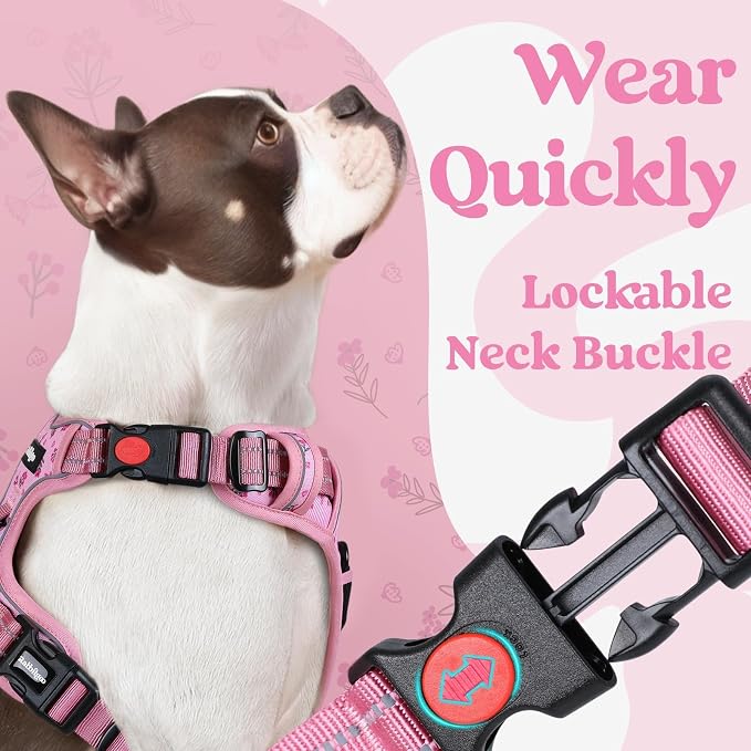 rabbitgoo Dog Harness for Large, Updated Easy On & Off with 3 Buckles | No Pull No Choke, Walking with 2 Clips and Handle, Adjustable Soft Reflective, Floral Pink, X-large - Image 3