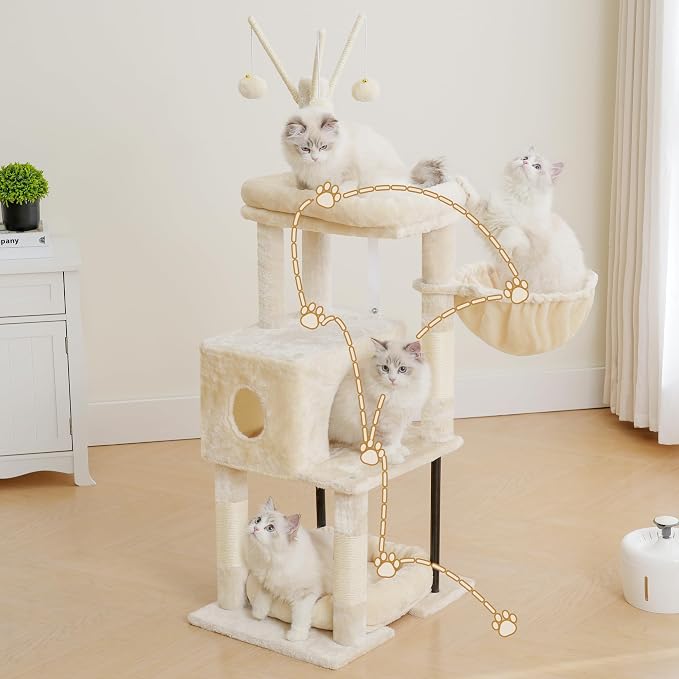 Heybly Cat Tree, 45.3" Cat Tower for Indoor Cats with Large Perch HCT202SM | All-in-One Cat Furniture with Cozy Bed, Hidden Space Cat Condo, Comfy Hammock, Scratching Posts & 3 Pompoms, Beige - Image 2