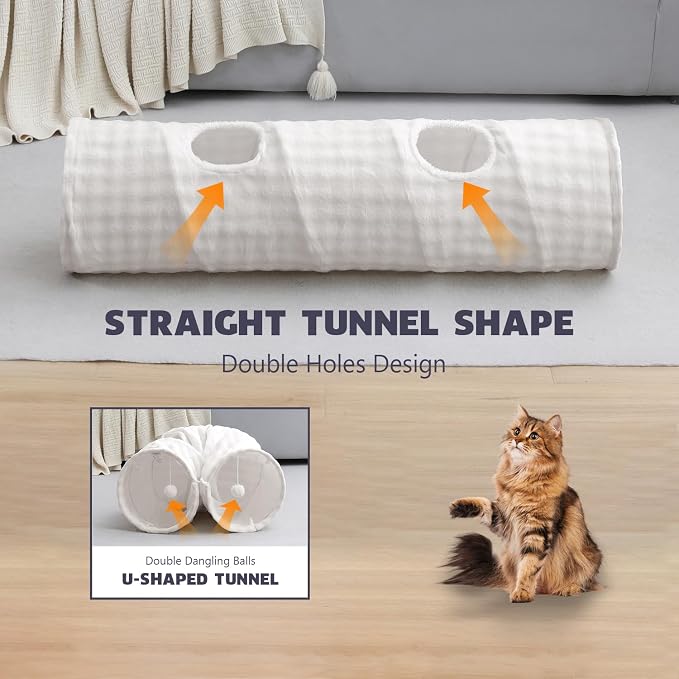 Straight Bubble Cat Tunnel for Indoor Cats 47"x12", Cream White | Cute Cat Toys, Collapsible Tunnel Tube with Hanging Balls for Puppy Kitten Rabbit - Image 5