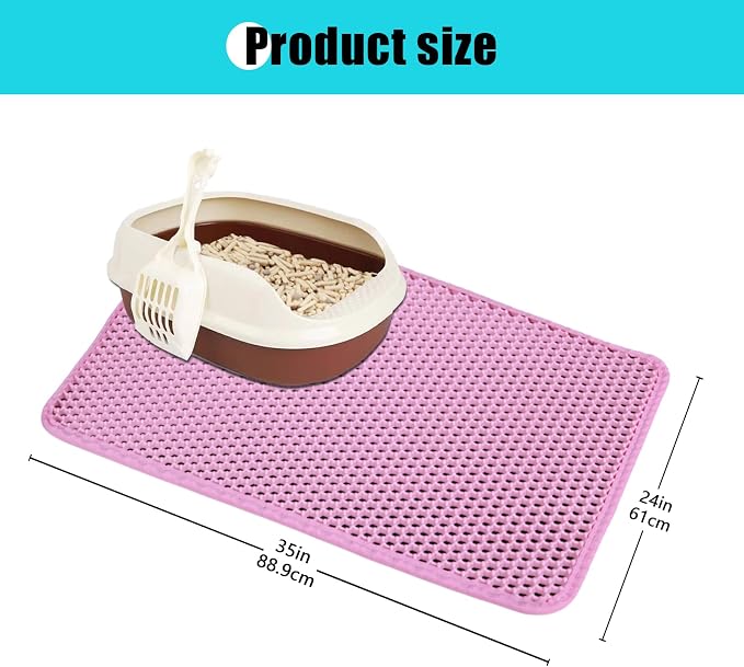 Cat Litter Mat 35"x24", Double Layer Waterproof Litterbox Mat, Pink | Non-slip backing, washable for easy cleanup, traps stray litter with waterproof honeycomb large grid that is urine-proof. - Image 3