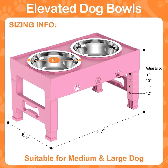 Elevated Dog Bowls with 2 Stainless Steel Bowls, 5-Height Adjustable Stand (3.1", 9" to 12"), for Improved Digestion & Neck Support, Easy Clean, Non-Slip Base Raised Feeder for Medium Large Dogs - Image 6