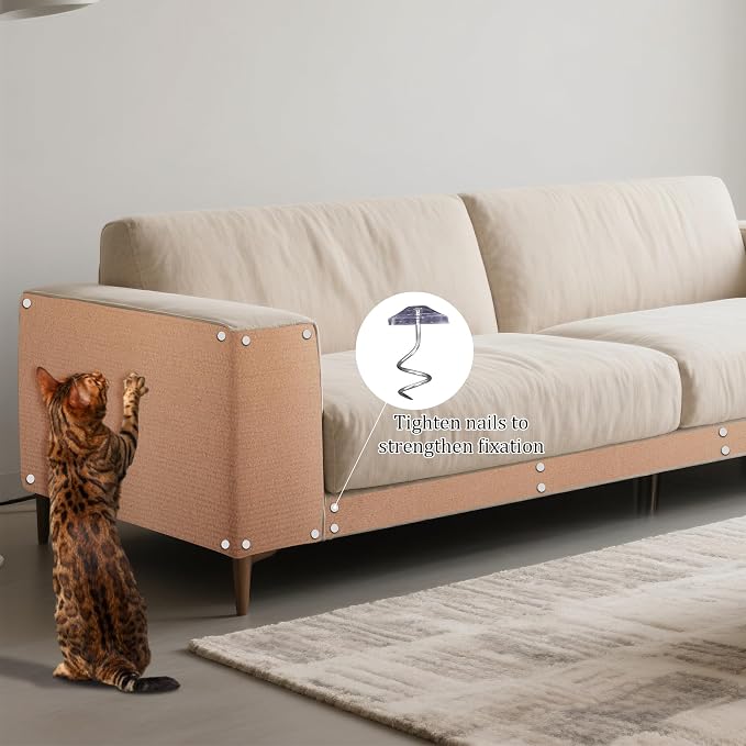 15.7'' x 78.7'' Cat Scratch Furniture Protector Cat Wall Scratcher Mat AdhesiveTrimmable Cloth Couch Anti-Scratch Cover DIY Climb Couch Protector from Claws, Replacement Pads，Beige - Image 2