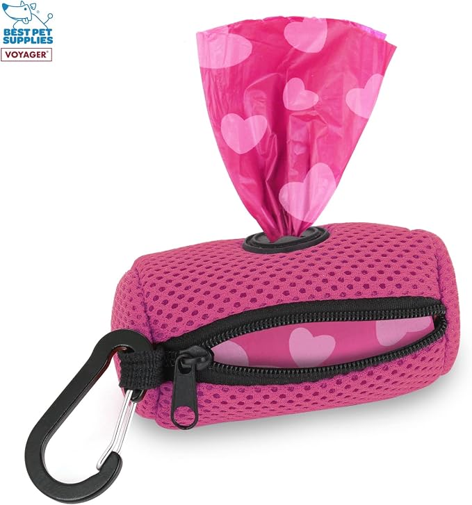 Best Pet Supplies Dog Poop Bag Holder Leash Attachment with 15 Bags, Fuchsia, Reusable Mesh Dispenser Pouch for Travel, Walking, Park, and Outdoor Use, Soft and Durable with Clip-On (Pack of 3) - Image 2