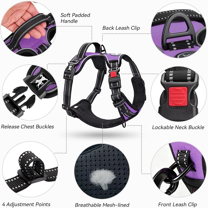 PoyPet No Pull Dog Harness Small with Front Clip & Neck Release Buckle | No Choke, Adjustable Vest, Reflective, Back Clip, Lockable, Soft Padded, Easy Control Handle for Walking Training, S, Purple - Image 8