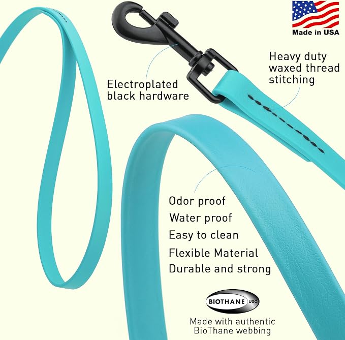 Dogline Biothane Waterproof Dog Leash Strong Coated Nylon Webbing with Black Hardware Odor-Proof Easy to Clean High Performance for Small or Large Dogs Made in USA 4 or 6 ft Lead, Sky Blue - Image 2