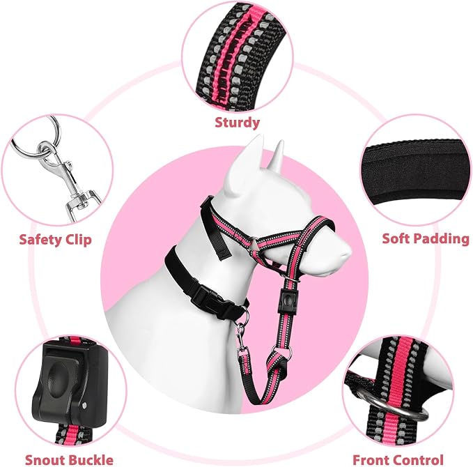 BARKLESS Soft Dog Head Collar, Patented Padded No Pull Head Halter, Training Nose Leash with Safety Link for Medium Large Dogs, Adjustable Muzzle Leash, Easy Control for Walking(Pink, L) - Image 2