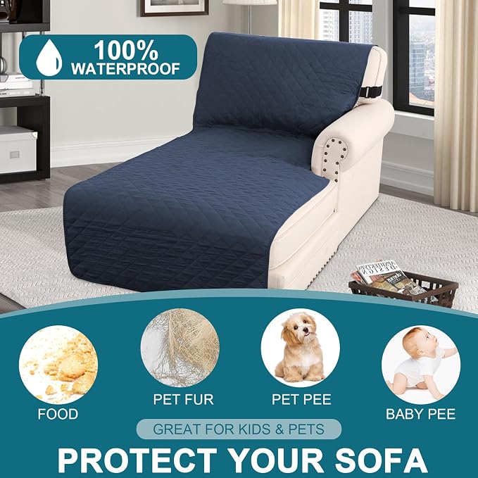 Turquoize 100% Waterproof Sofa Covers Chaise Lounge L Shape Sofa Protector Slip Cover Triple Non-Slip Sofa Slipcover for Chaise Sectional Couch Cover for Pets, Kids (Chaise, Navy) - Image 2