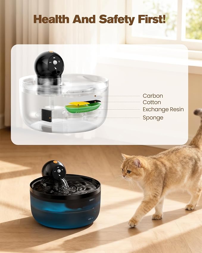 Pet Water Fountain Battery Operated: GOOIFUN Cat Water Fountains with 8 Filters + 8 Sponges - 88oz/2.6L Noiseless Cats Waterer Bowl Dispenser - Kitten Drinking Fountains for Cats Indoor - Image 5