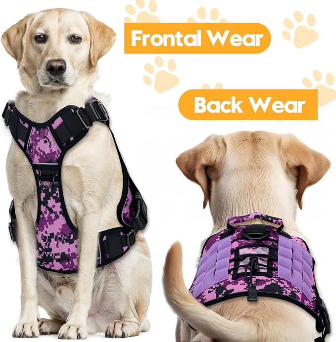 Heavy-Duty Tactical Dog Harness for Large Dogs, No Pull Adjustable Reflective Pet Vest with Molle System, K9 Military-Grade Control for Service Training, Outdoor & 10+ Breeds, Purple Camo, Large - Image 7