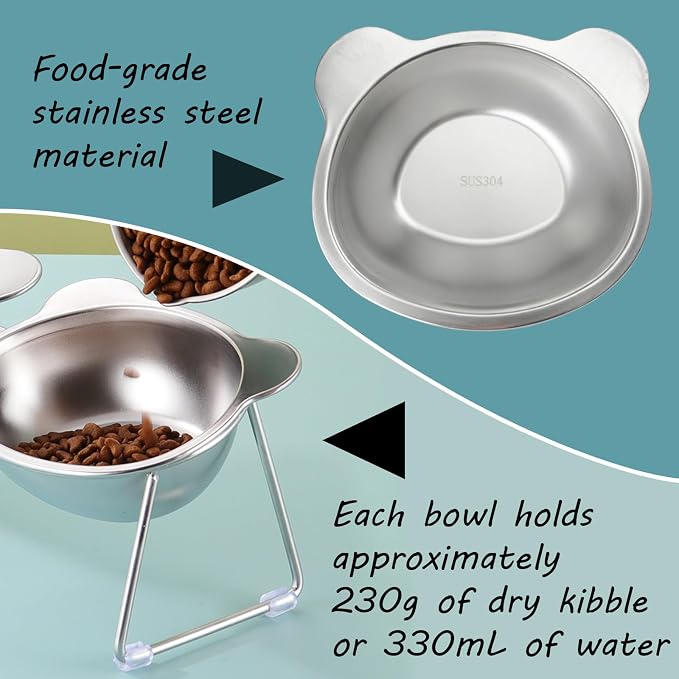 2 Pack Elevated Pet Bowls for Small Cats and Dogs 15° Tilted | Anti-Vomiting Stainless Steel Raised Dishes, 5.9” Whisker & Spine Friendly Indoor Food & Water Bowls - Image 3