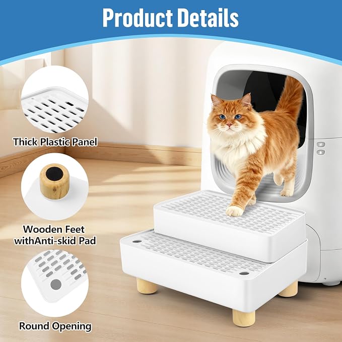 Extra Large 2 Steps Cat Litter Box Step Ramp, Cat Litter Catcher Mat with Wooden Feet, Filter Function, Cat's Pedal Stool for Self-Cleaning Litter, Suitable Kitten & Elderly Cats (White) - Image 4