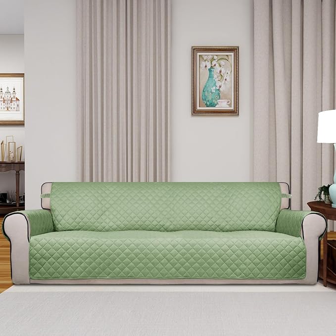 PureFit Reversible Quilted Couch Covers for Dogs Sofa Cover 4 Seater 88" | Sage Green/Ivory, Water Resistant Couch Protector, Washable Pet Couch Cover with Non Slip and Elastic Straps For Kids - Image 2