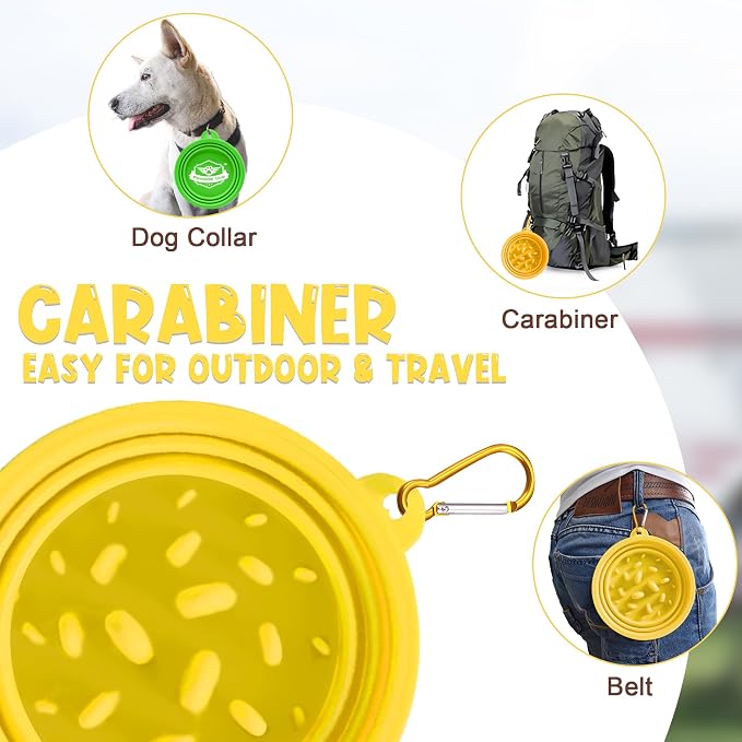 Small Collapsible Dog Bowls (12oz), 1 Pack Pet Travel Foldable Bowl and Slow Feeding Frisbee with Carabiners, Healthy, Soft Silicone, Portable Essential Set for Walking, Travel, and Hiking (Yellow) - Image 5